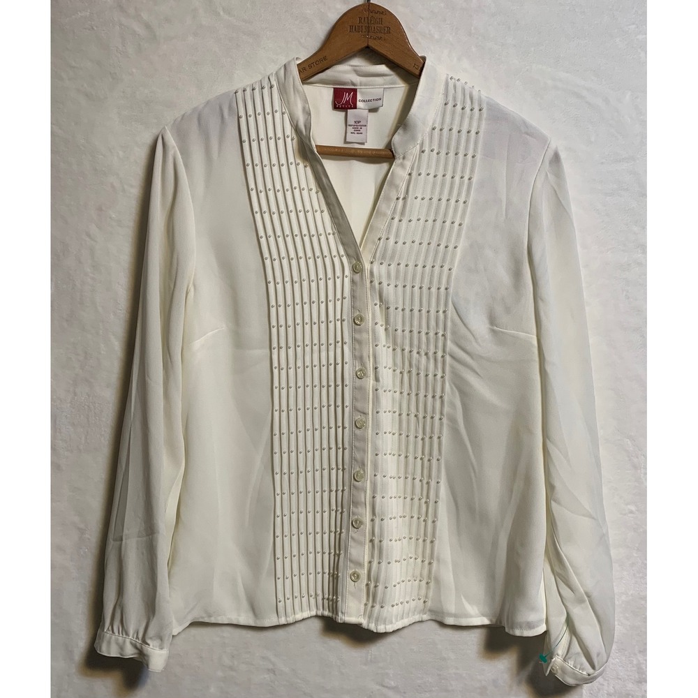 JM Collection Petite White Pleated Faux‎ Pearl Button Down Blouse Top 10P Ivory